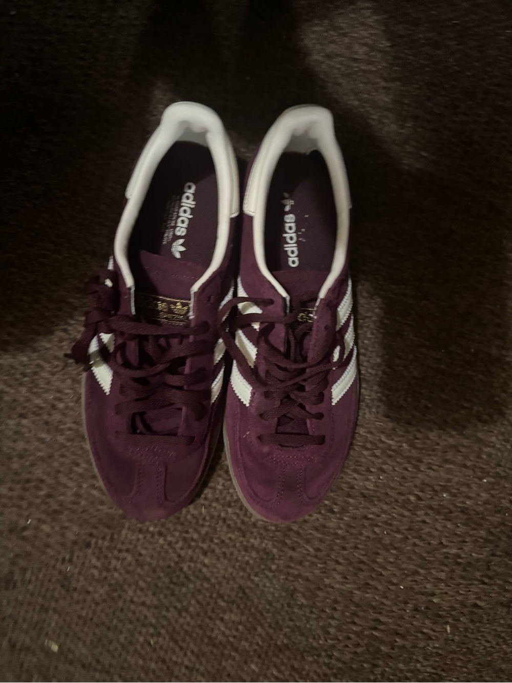 US 7 EU 38 adidas Women's BURGUNDY Suede Sneakers with White Stripes - WORN ONCE